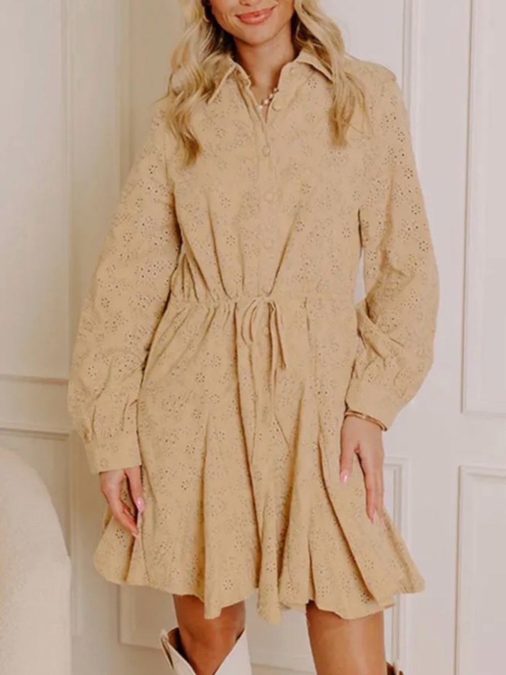 NWT Shop Impressions Boutique Eyelet Drawstring Long Sleeve Dress